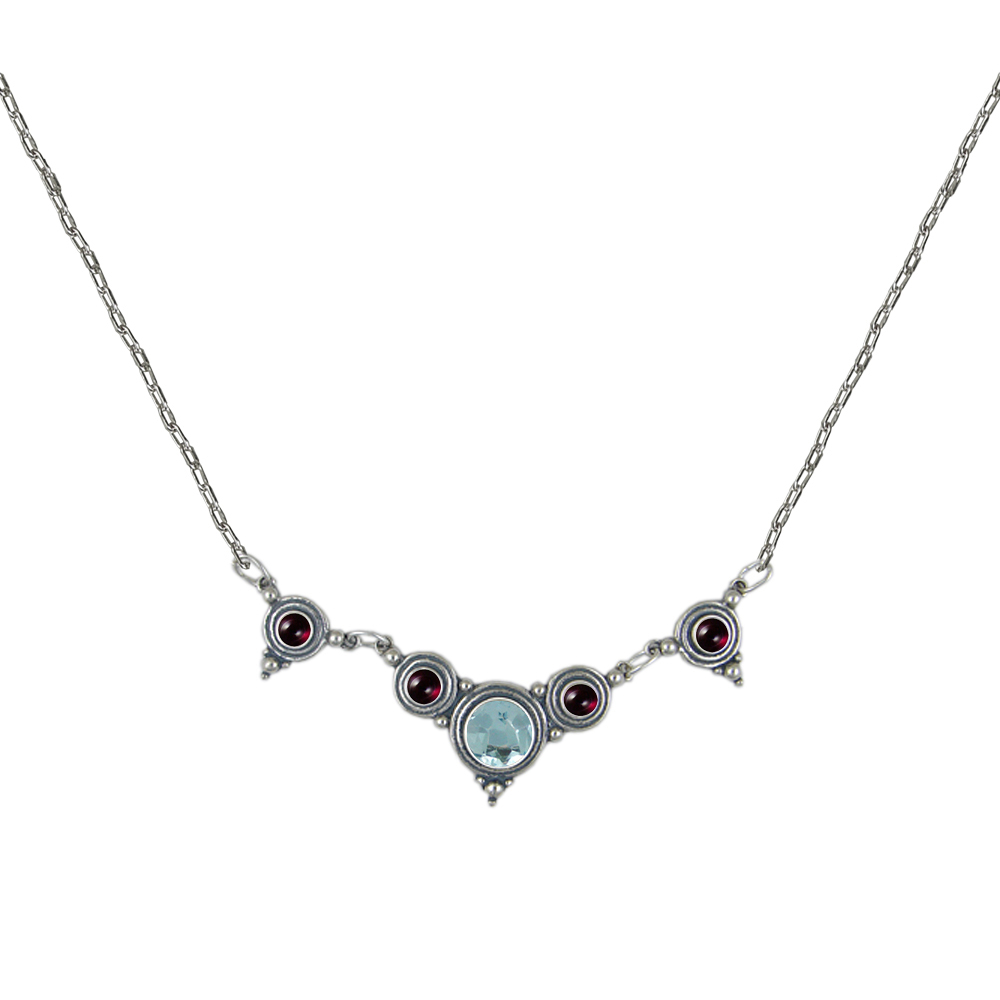 Sterling Silver Gemstone Necklace With Blue Topaz And Garnet